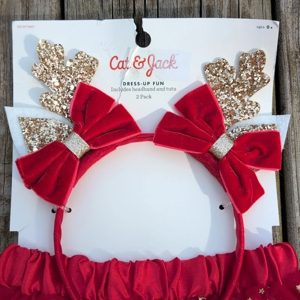 Cat&Jack Dress Up Girls Holiday Reindeer Gold Glitter Head Band And Red Skirt